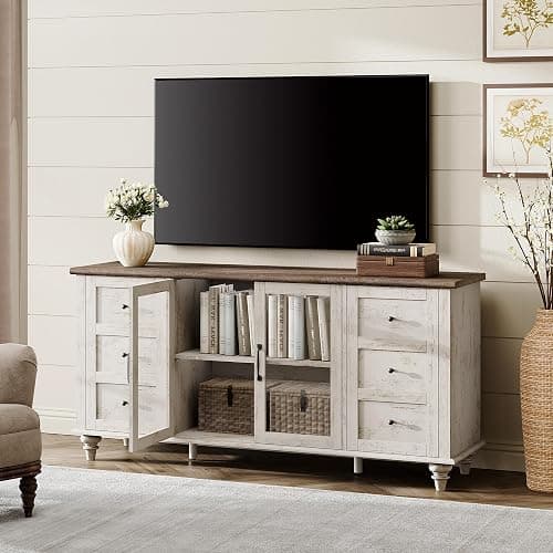 WAMPAT Farmhouse TV Stand for 65 inch TV, Wood TV Cabinet with Glass Door & Adjustable Shelf, Rustic Television Stands for Living Room Bedroom, 58 Inch, Antique White thumbnail 3