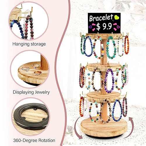 FoToxi 3 Tier Bracelet Holder,Wooden Rotating Bracelet Display Stand with 36 Hooks and Tray,360°Rotating Jewelry Holder Organzier for Bracelet, KeyChain, Necklace, Jewelr thumbnail 6