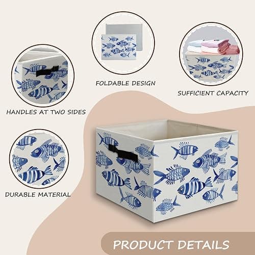 JUIOEIU Blue Fish Beach Coastal Foldable Storage Bins Box with Handles, Watercolor Ocean Animals Fish Beachy Collapsible Organizer Basket for Beach Bedroom Bathroom Clothes Toys Books thumbnail 6