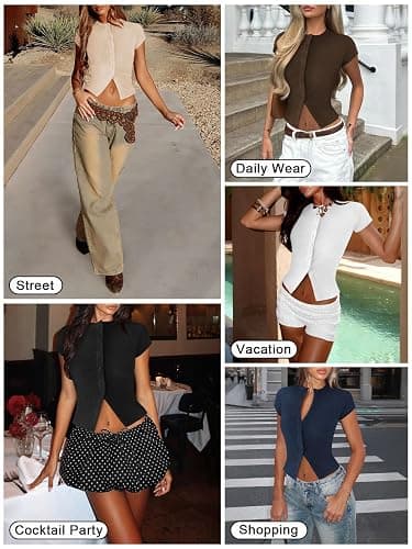 Pungdra Women's Button Down Shirt Cap Sleeve Tops for Women Button Up Ribbed Knit Slim Fit Casual Y2K Crop Going Out Top thumbnail 5