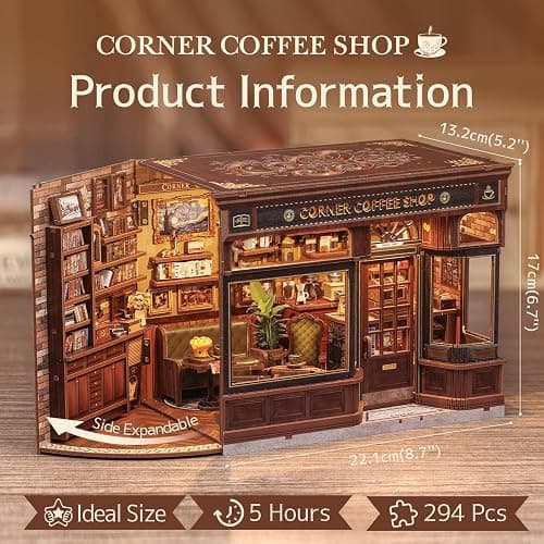 Fsolis Book Nook Kit - DIY Bookshelf Miniature Kit for Adults 3D Puzzle Booknook Bookstore Bookshelf Diorama Cafe Shop Tiny House with Cat, Craft Gifts for Women Book Lovers (Corner Coffee Shop) thumbnail 4