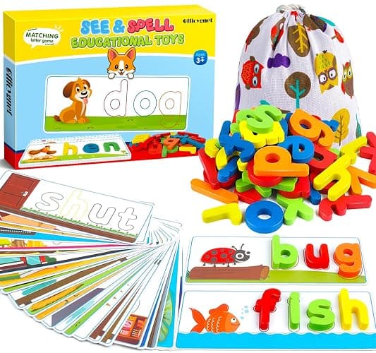 Officygnet Learning Toys for 3 4 5 6 Years Old Boys and Girls, See & Spell CVC Word Builders with Alphabet Cards for Kids Ages 3-5, Matching Letter Game for Preschool Toddler Learning Activities - Image 1