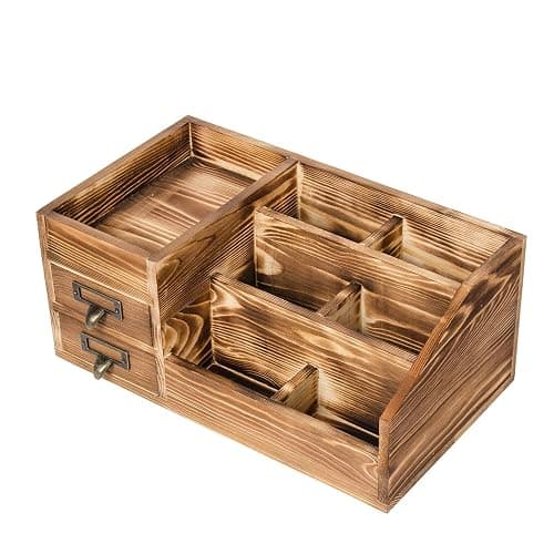 Liry Products Rustic Wooden Desktop Organizer Office Supplies Brown Tabletop Storage Cabinet Stepped Rack Multiple Compartments 2 Tier Drawers Makeup Accessory Jewelry Sorter Display Box Home Office thumbnail 4