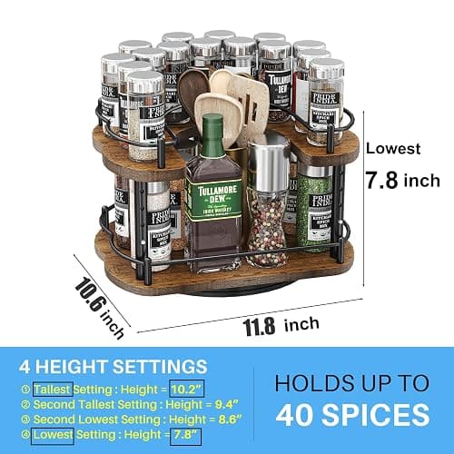 Lazy Susan Organizer Spice Rack - Spice Organization for Cabinet Height Adjustable Rotating Lazy Turntable, Pantry Kitchen Wood Revolving Seasoning Organizer (12 Inch) thumbnail 3