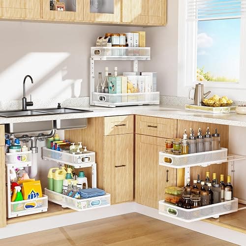 Under Sink Organizer, High Adjustable 2 Tier Under Sink Organizers and Storage, Slide Out Metal Cabinet Organizers, Pull Out Sink Storage Drawer Shelf for Kitchen Bathroom Cabinet, White, 2 Pack thumbnail 7