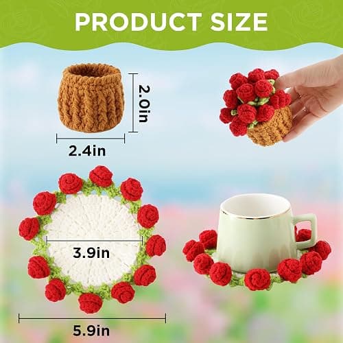 Crochet Flower Coasters, Handmade Bouquet Coasters with Crochet Plant Pot (Red, 2Pcs) thumbnail 3