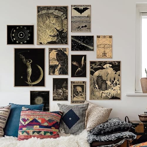 KINYEYE 12PCS Gothic Moody Bedroom Eclectic Posters, Dark Academia Wall Posters for Dorm Decor, Grunge Room Decor | Unframed - Black and Yellow thumbnail 2
