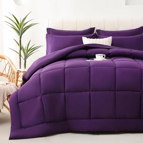 DOWNCOOL Queen Comforter Set, 7Pcs Bedding Sets Queen Dark Purple, All Season Down Alternative Bed in a Bag Queen with Comforter, Flat Sheet, Fitted Sheet, 2 Pillow Shams & 2 Pillowcases thumbnail 2
