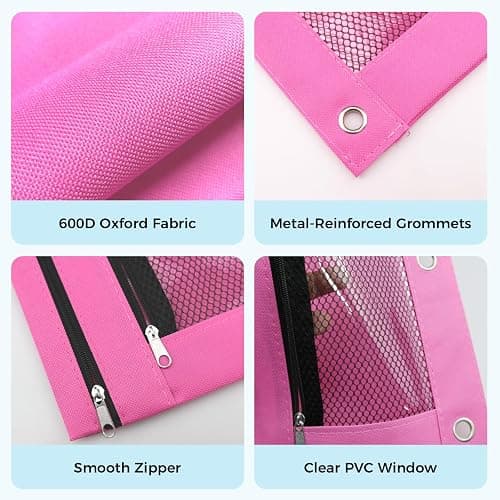 Pencil Pouch for 3 Ring Binder - 3 Hole Zipper Pen Case Bag Holder Bulk Accessories Clear Window Aesthetic Organizer Pockets (Hot Pink) thumbnail 5