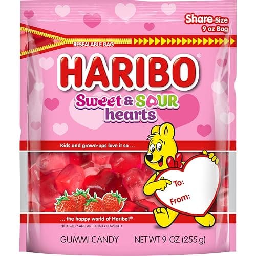 HARIBO Gummi Candy, Sweet & Sour Strawberry Hearts Gummy Candy, 9 Ounce Resealable Share Size Bag, Delicious Soft & Chewy Snacks, Valentine's Day Limited Edition - Image 1