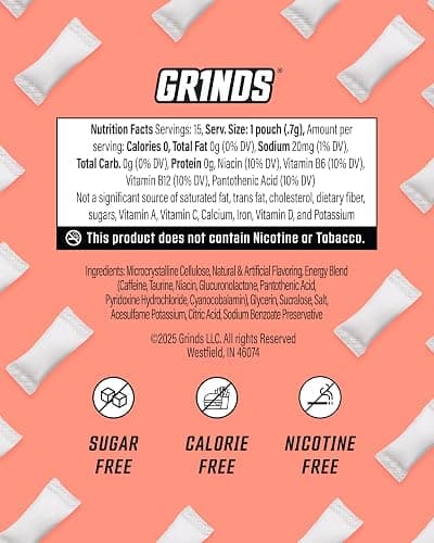 Grinds Energy Pouches - Natural Caffeine Pouches - Contains B-Vitamins, Sugar-Free, & 0 Calories - 80mg of Caffeine in Each Pouch - Wintergreen, Peach, & Sour Apple - 3 Pack, 15 Pouches Per Can thumbnail 7
