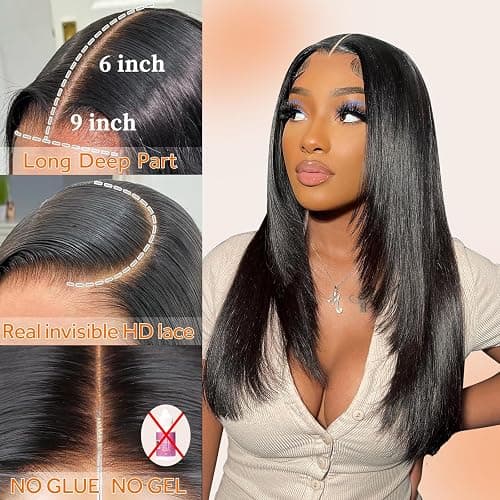 Oxeyegirl 20 Zoll 9 x 6 Straight 200% Density Wear and Go Glueless Wig Echthaar Perücke HD Lace Front Wig Human Hair Wigs For Black Women Perücken Echthaar Damen No Glue Pre Plucked Pre Cut(51cm) thumbnail 2