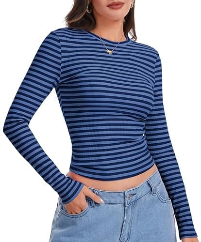 Eyanse Ribbed Long Sleeve Tops for Women,Stretch Striped Shirt Slim Fit Tee thumbnail 4
