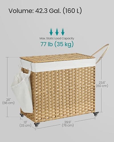 SONGMICS Laundry Hamper with Lid, 42.3 Gallons (160 L), Rolling Laundry Basket with Wheels, 3-Section Synthetic Rattan, Removable Liner, Bedroom, 29.9 x 13 x 26 Inches, Natural ULCB365N01 thumbnail 3
