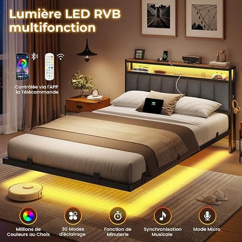 AOGLLATI Cadre de Lit 140x190 avec Multiprise et Éclairage LED, Lit 2 Personnes Flottant avec Tête de Lit Rangement, Sommier en Métal, Structure Stable, Lin Gris Foncé(sans Matelas) thumbnail 5