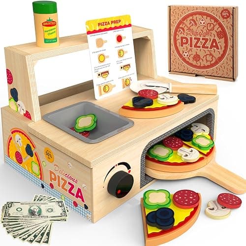 WOODMAM Wooden Pizza Toy - 48 PCS Montessori Pretend Play Food for Ages 3+, Educational Learning Toy Wooden Playset with Bake Oven, Christmas Birthday Gift for 3 4 5 6 Year Old - Image 1