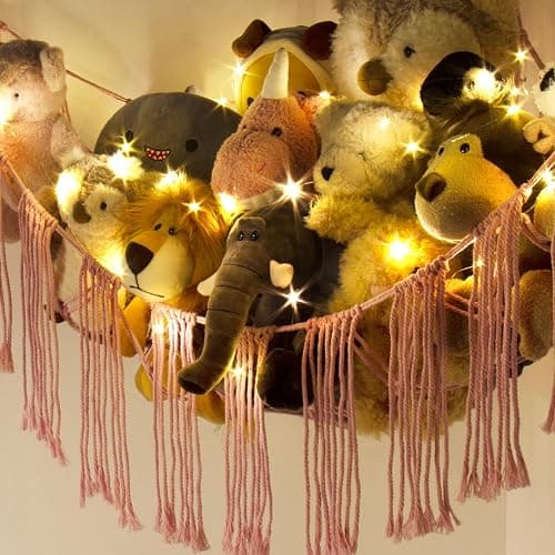 Stuffed Animal Hammock Corner Net with LED Light - Toy Storage Holder - Pink Cute Room Bedroom Decor for Teen Girls - Cute Bedroom Aesthetic Stuff for Baby Nursery Toddler Kids 8-10 - 12 Years Old thumbnail 5