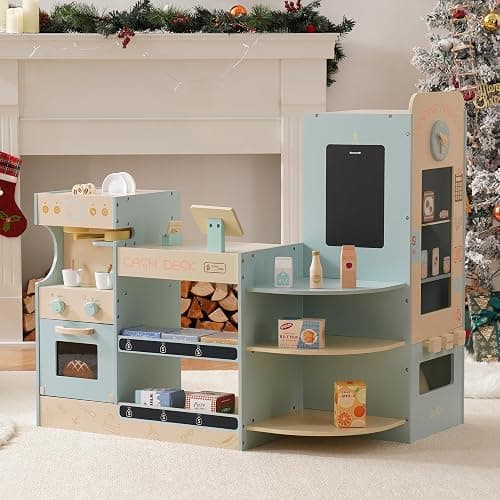 ROBUD Grocery Store Playset, Kids Play Store, Wooden Supermarket Playset with Cash Register, Chalkboard, Vending Machine, Coffee Machine, Oven, Play Food Accessories, Gift for Boys Girls 3+ thumbnail 3