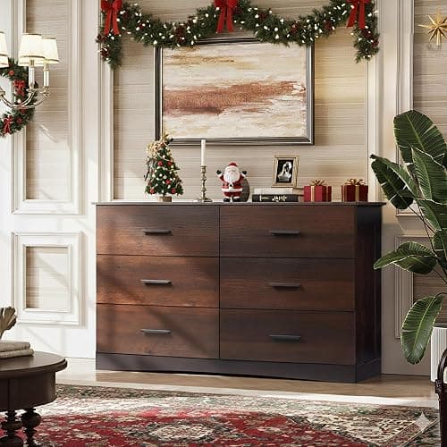 WLIVE Wooden Dresser for Bedroom, Wide Chest of Drawers with 6 Drawers, Large Brown Storage Tower Unit, Modern Minimalist Closet Store Organizer for Living Room, Hallway thumbnail 2