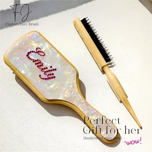 Personalized Rhinestone Hair Brush with Name - Custom Bling Hairbrush for Women & Girls, Handmade Marble Bamboo Wood Brush for Scalp Massage, Detangling, Gifts(Shell White) thumbnail 2