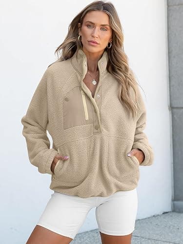 ANRABESS Women Fuzzy Fleece Pullover Sherpa Sweatshirt Long Sleeve Button Down Warm Soft Color Block Jackets with Pockets thumbnail 7