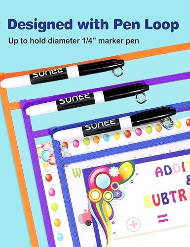 SUNEE 30 Packs Oversized Reusable Dry Erase Pocket Sleeves with 2 Rings, 10 Assorted Colors 10x14 Ticket Holders, Clear Plastic Sheet Protectors, Teacher School Classroom Supplies thumbnail 4