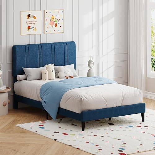 MaverickFurni Twin Bed Frame for Kids, Upholstered Platform Bed Frame with Linen Fabric headboard, Wood Slats, Modern Style, No Box Spring Needed, Easy Assembly, Blue thumbnail 8