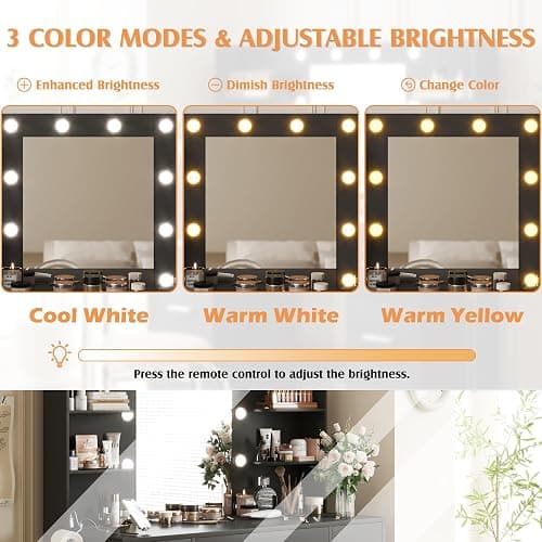 YESHOMY Vanity Desk with Mirror, Power Outlet and 10 Lights, Makeup Table with 7 Drawers, 3 Color Modes Available for Bedroom, Pure Black thumbnail 5