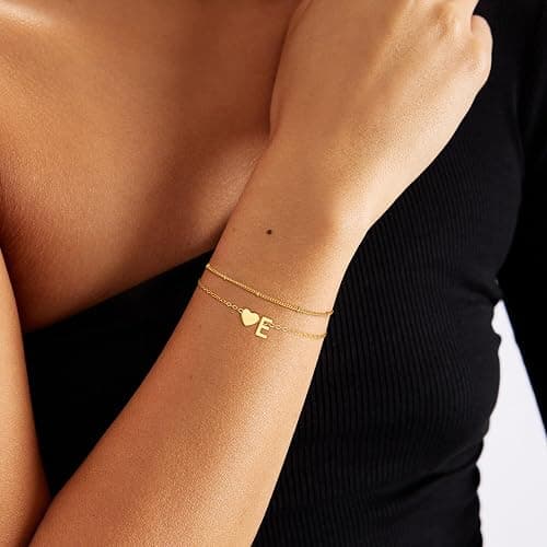 Fezodo Gold Initial Bracelets for Women Girls - 14K Gold Plated Heart Initial Bracelet Teen Girl Gifts Trendy Stuff Dainty Gold Bracelets for Women Girls Trendy Jewelry Gifts thumbnail 7