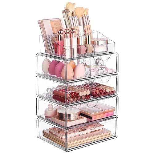 Vtopmart 5 Tier Clear Makeup Organizer with Drawer, Cosmetic Storage for Dresser Countertop and Bathroom Vanity, Beauty Holder for Lipstick Brush Skincare - Image 1