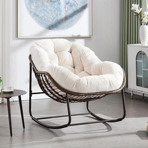 Large Indoor Rocking Chair, Oversized Rocking Papasan Chair with Thick Cushion and Frame,Comfy Corduroy Rocker Wicker Egg Chairs Lounge Reading Chair for Living Room, Bedroom, Apartment, White thumbnail 9