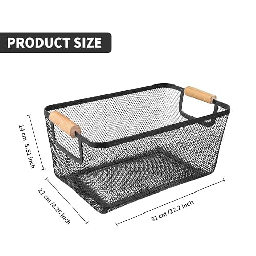 2 Pack 12" Wide Metal Mesh Baskets with Bamboo Handles for Pantry Organization | Wire Storage Bins for Kitchen, Cabinet, Fruit & Snacks | Decorative Farmhouse Style Organizer thumbnail 3
