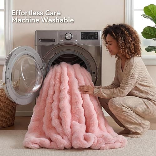 Smoofy Faux Rabbit Fur Throw for Couch - Blush Pink Bubble Blanket 50"x60" | Fluffy Plush Fuzzy Throw for Sofa & Bed, Super Soft Cozy Comfort Blanket, Luxury Aesthetic Pink Decor Gift for Women thumbnail 6