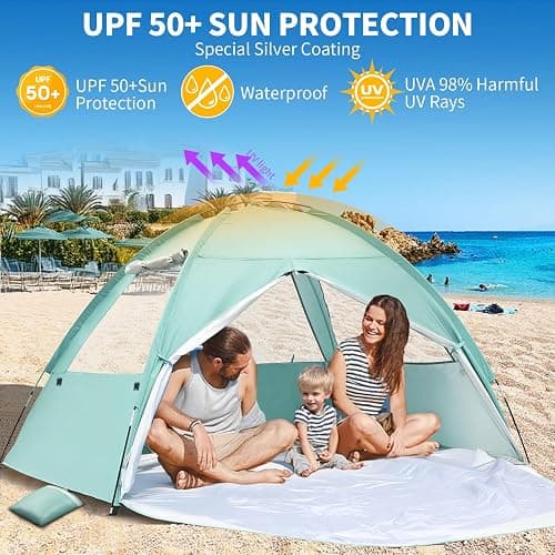 NHOWIN Beach Tent for 3-4 Person, Large Easy Setup Beach Shade Canopy with UPF 50＋ UV Protection, Portable Shade Tent with 3 Ventilating Mesh Windows for Outdoor, Picnics, Fishing thumbnail 3
