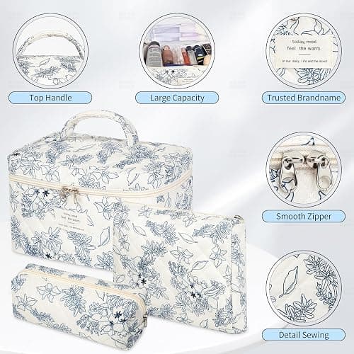 senbowe Floral Makeup Bag, 3 Pack Large Cotton Quilted Makeup Bag Set, Cute Floral Coquette Aesthetic Toiletry Bag Make Up Cosmetic Bag for Women, Toiletry Travel Make Up Organizer Bag thumbnail 3