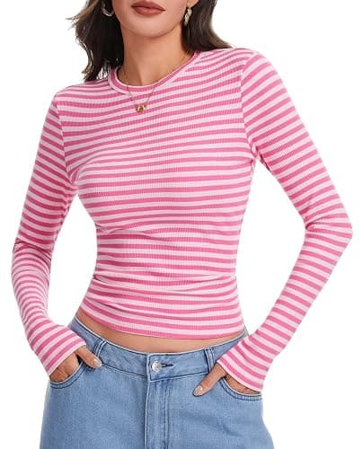 Eyanse Ribbed Long Sleeve Tops for Women,Stretch Striped Shirt Slim Fit Tee - Image 1