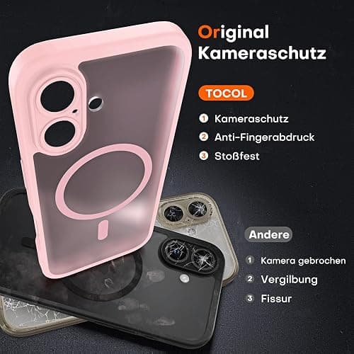 TOCOL für iPhone 16 Hülle für Magsafe, Vollständiger Kameraschutz Stoßfest Kratzfest Transluzente Rückseite Magnetisch Handyhülle für iPhone 16 Case, Rosa thumbnail 5