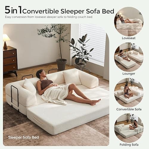 79" Convertible Sofa Bed with Fixed-Shape Frame & Removable Armrests, Modular Corduroy Sleeper Sofa, Folding Mattress Couch for Small Spaces - No Assembly Needed in White (Includes 2 Pillows) - White thumbnail 5