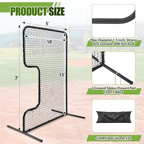 Seenelling Standard C Shaped Pitching Screen Softball Baseball Screen Softball Pitcher Pitching Machine Protector with Carry Bag, 7'H x 5'W 45 Ply Netting with 3'' x 18'' Cutout 1.5'' Diameter Frame thumbnail 3