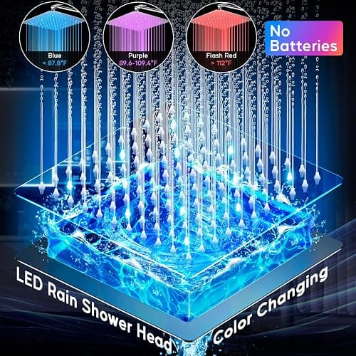 LED Shower Head with High Pressure 10'' Rain Shower Head, 11'' Adjustable Extension Arm, Color Changing Based On Water Temperature, Stainless Steel, 60'' Hose, Chrome - Chrome thumbnail 3