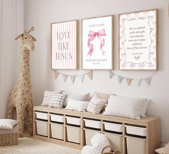 3Pcs Pink Christian Wall Art Coquette Bow Canvas Poster Print Inspirational Bible Verses Eclectic Aesthetic Preppy Painting Wall Decor for Teen Girls Bedroom Apartment 12x16in Unframed thumbnail 2
