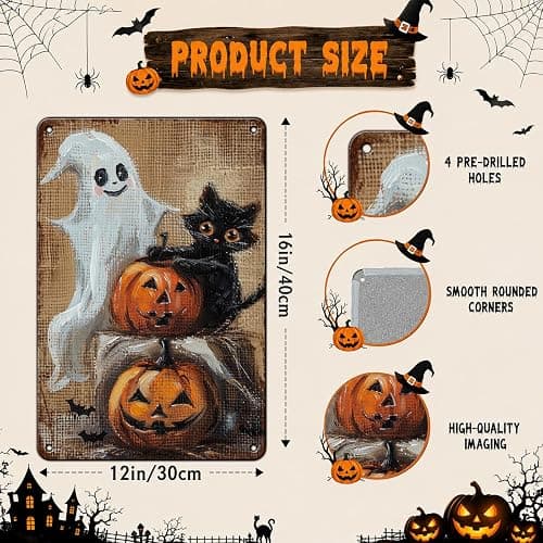 GJXFTPTTBD Black Cat Ghost Pumpkin Metal Tin Sign Halloween Decor Vintage Spooky Porch Wall Art for Home Door Bar Cafe 12x8 Inch thumbnail 3