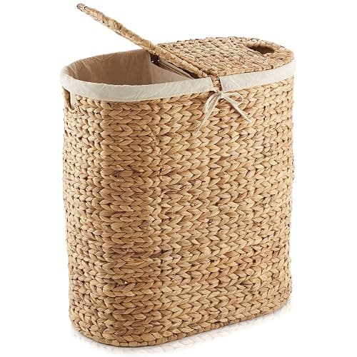 Casafield Oval Laundry Hamper with Lids and Removable Liner Bags - Natural, Woven Water Hyacinth 2-Section Laundry Basket Sorter for Clothes and Towels - Image 1