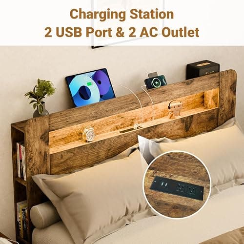 Zevemomo Full Size Bed Frame with LED Lights, Full Bed Frame with Headboard, Charging Station with 2 USB Ports & 2 AC Outlets, Sturdy Wood Framework, No Noise, Rustic Brown (Rectangular Slot) thumbnail 3