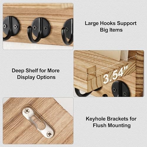 Lwenki Key Holder for Wall, Decorative Key and Mail Holder with Shelf Has Large Key Hooks for Bags, Coats – Paulownia Wood Key Hanger with Mounting Hardware (9.8”W x 6.7”H x 4.2”D) (Burnt Wood) thumbnail 4