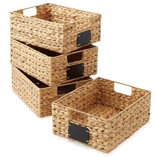 Casafield Set of 4 Water Hyacinth Pantry Baskets, 10" x 13" x 5", with Chalkboard Labels and Chalk Marker - Natural, Woven Storage Bin Organizers for Kitchen Shelves thumbnail 4