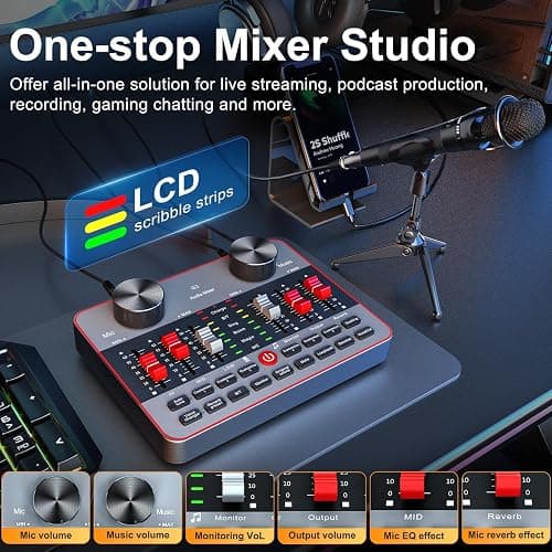 Podcast Equipment Bundle for 2 Mic Tiktok Video Content Creator Kit, Audio Interface DJ Mixer Sound Card/Board Condenser Microphone for Studio Smartphone/PC/Laptop Broadcast Recording thumbnail 2
