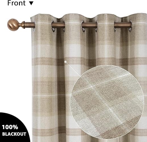 always4u 100% Blackout Curtains Check Eyelet Curtain Bedroom Plaid Woven Brushed Cheque Pair of Highland Woolen Look Window Treatment for Living Room Beige 46 * 90 Inches thumbnail 3