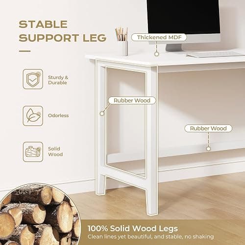 IOTXY 45" Reversible L-Shaped Office Desk with Storage Shelves, White | Solid Rubberwood Legs, 0.6" MDF Desktop, Reversible 2-tier Shelves, Compact Corner Computer Table for Small Spaces thumbnail 3
