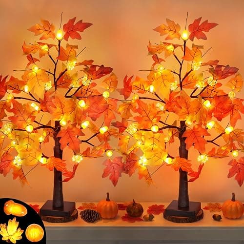 2 Pack 24 Inch Fall Maple Tree with 48LED Thanksgiving Table Decorations Battery Operated Lighted Tabletop Artificial Tree with Pumpkin Acorn Maple Fall Centerpieces Indoor Fall Decorations for Home - Image 1